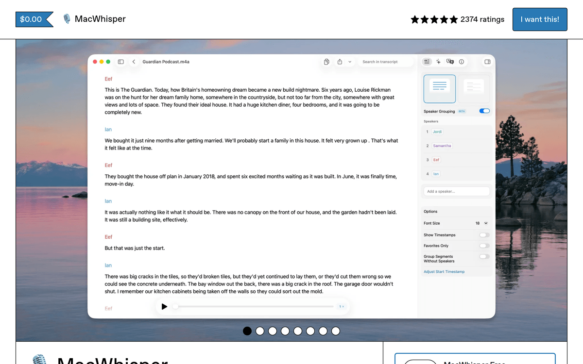 MacWhisper interface showing a podcast transcript with speaker grouping and playback controls
