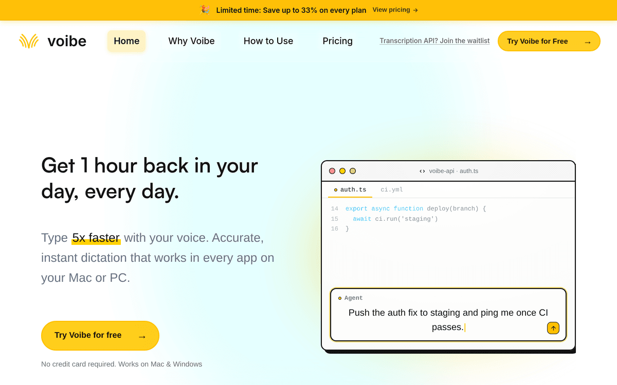 Voibe website showing dictation into a code editor with an AI agent prompt