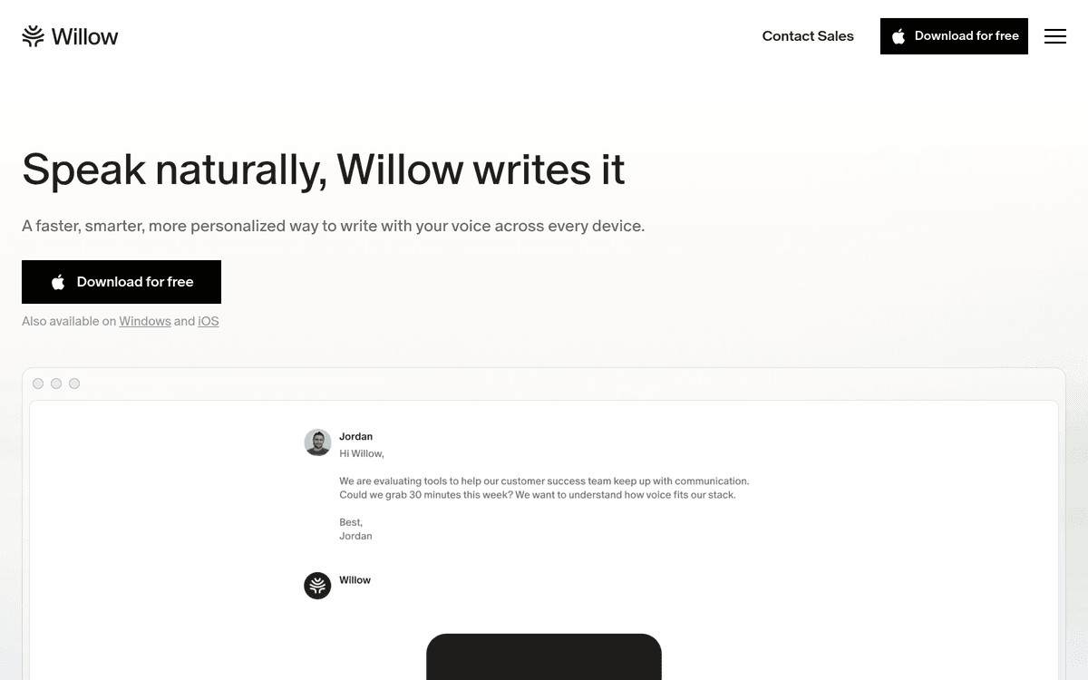 Willow Voice website showing its cross-platform dictation app with smart formatting
